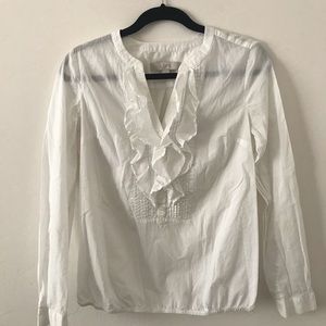 LOFT Sheer Ruffled Neck White Top